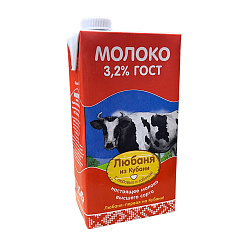 Молоко 3,2% с крышкой ультрапаст. "Любаня из Кубани" 1л 1*12